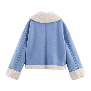 Back view of a blue denim jacket with white fleece lining on collar and cuffs