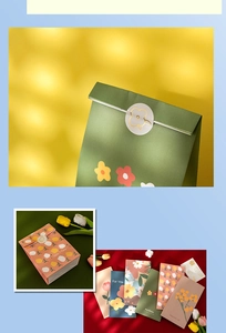 Detailed close-up of floral gift paper bags in various colors with matte paper texture