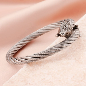 Bracelet Jonc Ouvert Tête de Loup en Acier Inoxydable Hip Hop pour Hommes Bracelet Câble Torsadé Punk Bijoux Vintage