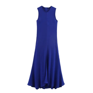 Elegante Vestido Maxi de Mezcla de Lino Sin Mangas Cuello Redondo Cintura Alta Línea A Azul Verano Casual Vestido Largo