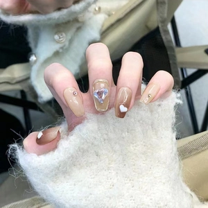 Unghie Finte Da Applicare Appariscenti Cuore Cachi Sfumato Corte Forma Ballerina Strass Unghie Artificiali Per Donna