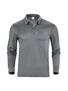 Close-up of grey long-sleeved polo shirt featuring front pocket and buttoned neckline