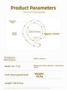 Detailed specs of glass bead necklace showing 120cm length and stainless steel material