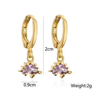 Detail showing dimensions of gold butterfly earrings with purple dinosaur pendants