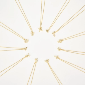 Macro shot of twelve golden zodiac necklaces with clear zircon stones on white background