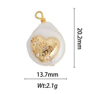 Baroque pearl pendant with gold heart LOVE engraving and crystals, 20.2mm by 13.7mm