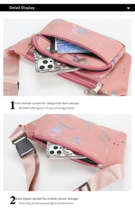 Detailed view of pink oxford waist bag showing front pocket and anti-theft back zipper pocket