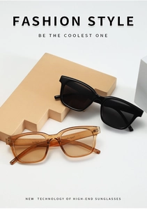 Detailed close-up of fashion square sunglasses in black and amber with fashion style text