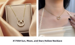 Detail of hollow moon and star pendant with zircons on a gold-plated necklace