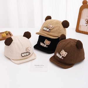 Casquette De Baseball Bébé Velours Côtelé Bord Mou Coupe Vent Chaud Automne Hiver Oreilles D'ours Patch Animal Enfant
