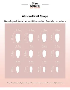 Size chart for almond-shaped press-on nails showing 12 different sizes and 24 pieces