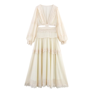 Robe Maxi Élégante Mousseline Dentelle Col En V Manches Longues Taille Évidée À Volants Style Bohème Pour Femmes
