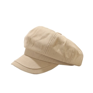 Retro corduroy newsboy cap for women in beige, minimalist octagonal beret style