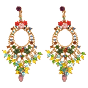 Elegant floral rhinestone drop earrings with colorful crystals and bohemian tassels