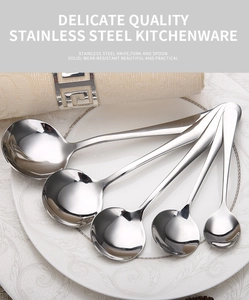 Detailed view of five polished stainless steel round spoons on a white embossed dinner plate