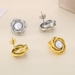 Detailed front and back view of pearl stud earrings with threaded stainless steel wrap