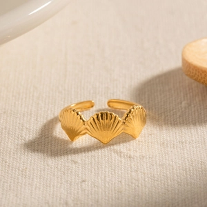 French style 18k gold plated stainless steel open ring featuring three delicate shells