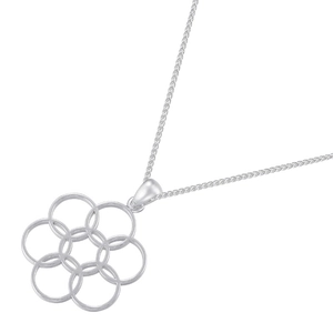 Macro view of a silver interlocking circle pendant with fine metallic chain links