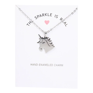 Detailed close-up of hand-enameled silver unicorn pendant necklace with sparkle text card