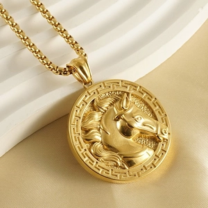3D embossed gold horse head pendant necklace with Greek key pattern on box chain