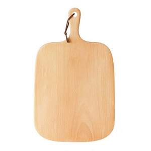 Japanese beech wood cutting board with handle and leather hanging loop on white background
