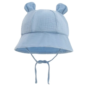 Light blue cotton baby sun hat with cute bear ears and practical chin straps