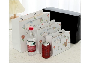 Detailed set of thick cartoon gift paper bags and boxes in small, medium, and large sizes