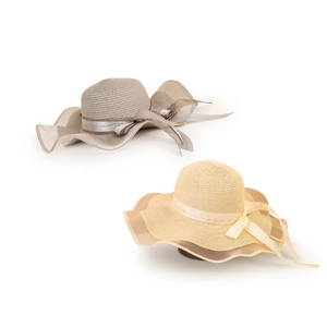 Women's wide brim straw sun hat with elegant heart ribbon and sheer mesh trim details