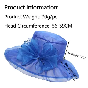 Blue organza sun hat with large floral bow, wide brim, 56-59cm circumference for women
