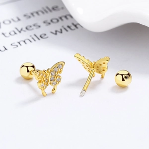 Sparkling 925 sterling silver butterfly stud earrings with gold plating and white zircons