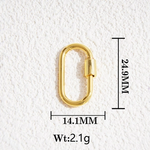 Macro shot of 18K gold plated brass oval screw clasp with dimension and weight markings