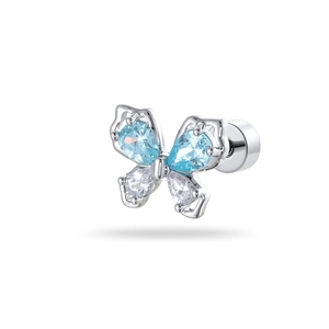 Minimalist silver butterfly screw stud earring with light blue zircon stones on white background