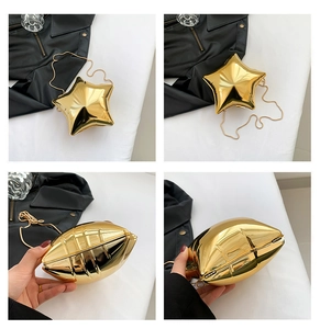 Detailed view of a gold star-shaped acrylic evening clutch with sleek metallic chain