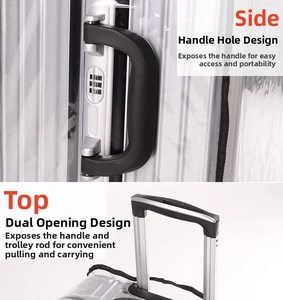 Detail showing dual top and side handle openings on clear thick PVC suitcase cover
