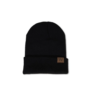 Warm Acrylic Knit Beanie Hat With W Letter Leather Patch Cuffed Winter Skull Cap For Men Women Ribbed Soft Outdoor