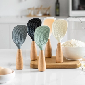 Non-Stick Silicone Rice Paddle With Wood Or Stainless Steel Handle Heat Resistant Kitchen Rice Spoon Standing Design