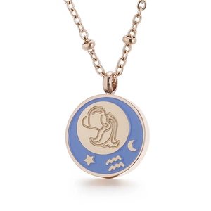 Rose gold zodiac coin necklace with light blue enamel, crescent moon and star pendant