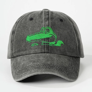 Berretto da baseball grigio antracite lavato con ricamo coccodrillo verde e visiera curva