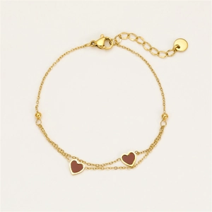 Gold double-layer heart charm bracelet in stainless steel with adjustable lobster clasp