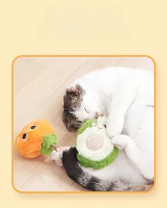 Detailed view of a cat playing with natural silvervine and plush fruit teething toys