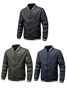 Three bomber jackets in black, green, and navy with striped ribbed collar and cuffs