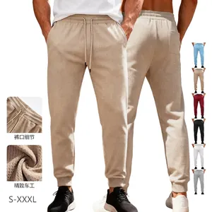 Men Jogger Sweatpants Waffle Knit Breathable Drawstring Elastic Waist Casual Sports Trousers With Pockets Solid Color