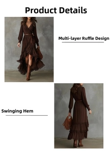 Detail of bohemian long sleeve V-neck wrap dress with multi-layer ruffled lace hem