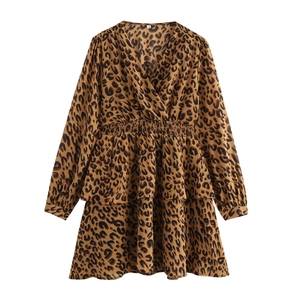 Leopard Print Mini Dress Polyester V-Neck Long Sleeve Ruffle Hem High Waist Vintage Style For Women
