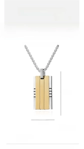 Detail view of two-tone stainless steel military tag pendant with dimensions 32mm x 17mm
