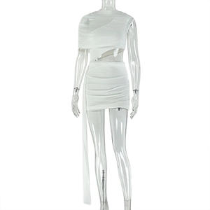 Detail of white mini dress featuring asymmetric cutout, ruched fabric, and side ribbon