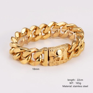 18mm gold stainless steel cuban link bracelet with skull pattern clasp for men