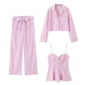 Femme Rose Blanc Rayé Chemise Camisole Pantalon Large Dentelle Manches Longues Streetwear Décontracté