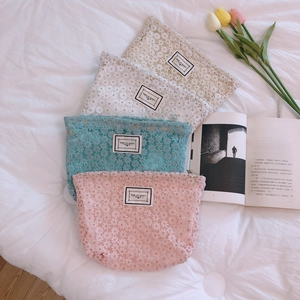 Lace Daisy Floral Embroidered Clutch Bag Women Elegant Hollow Out Makeup Pouch Cotton Canvas Lining Zipper Handbag