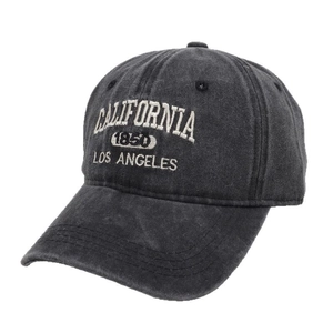 Dark gray washed denim baseball cap with white California embroidery and curved brim